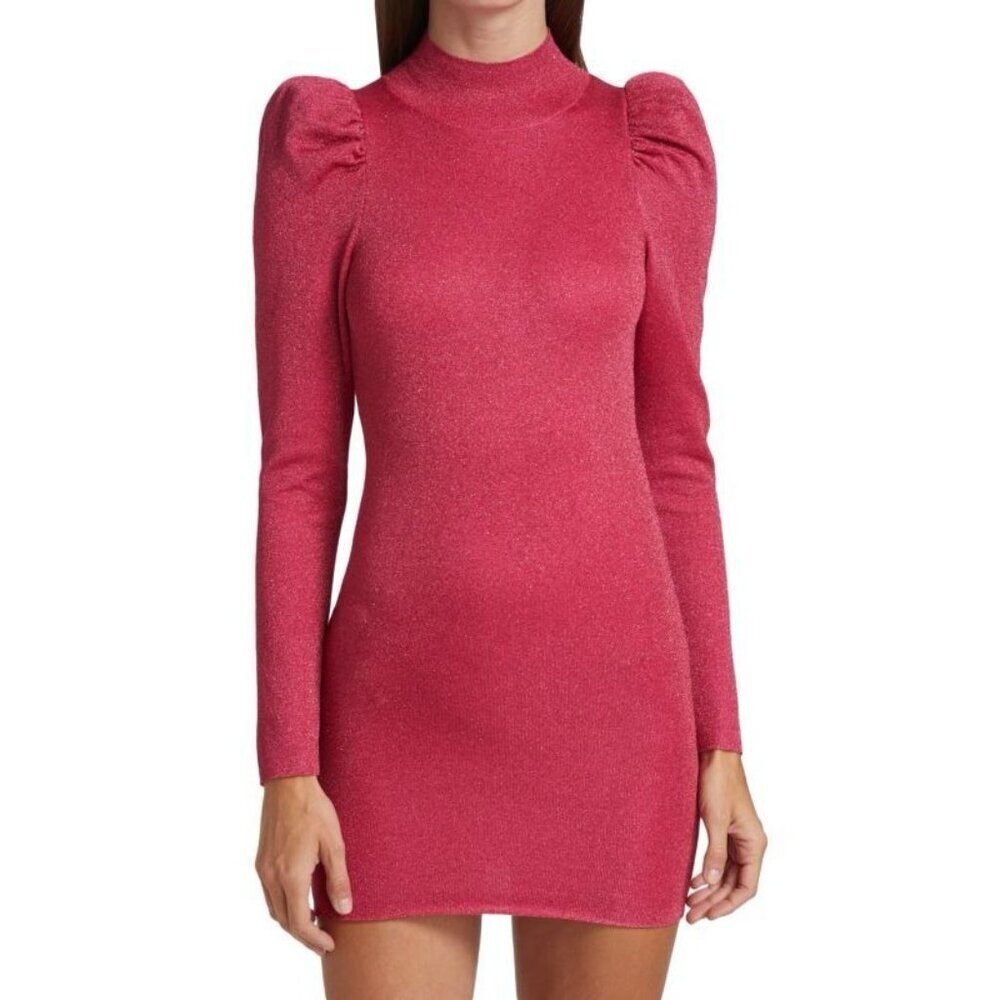 Alice and Olivia Issa Hot Pink Glitter Women's Size S Puff Sleeve Turtleneck Min